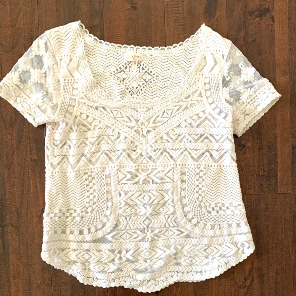 Anthro Meadow Rue Embroidered Mesh Cream Lace Top SZ- S - Picture 9 of 9